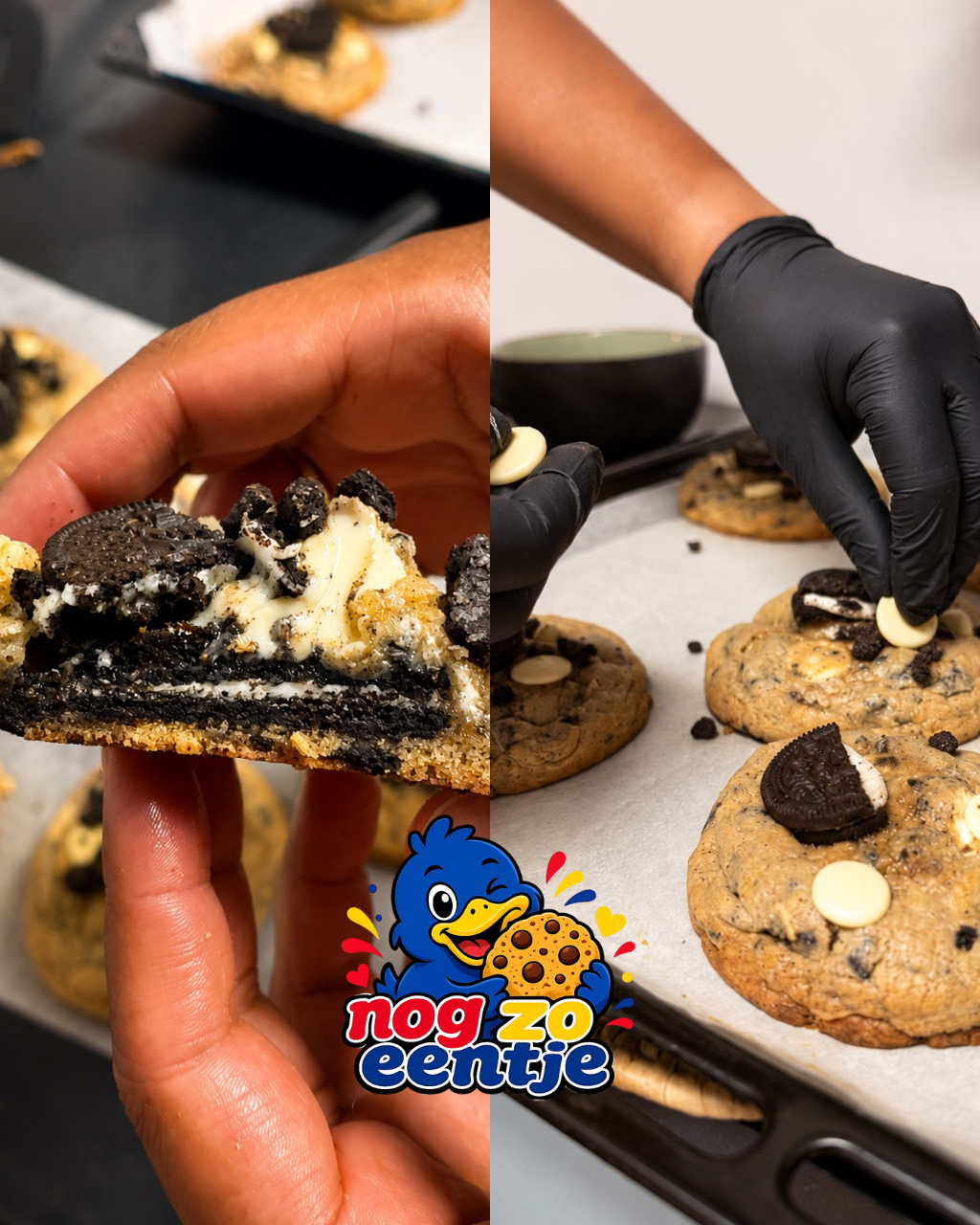 Opengebroken cookies-and-cream koekje en verse koekjes op de bakplaat